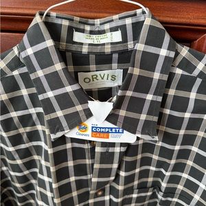 Orvis cotton, button-down, long sleeve, black/white/tan plaid. Size LTL.